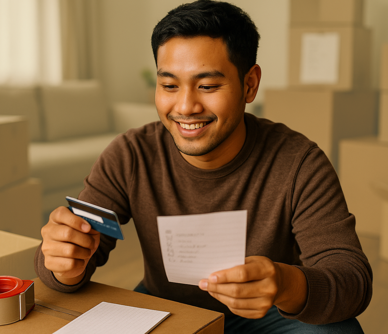 Man holding a credit card and paper note while seated indoors and reviewing account details.