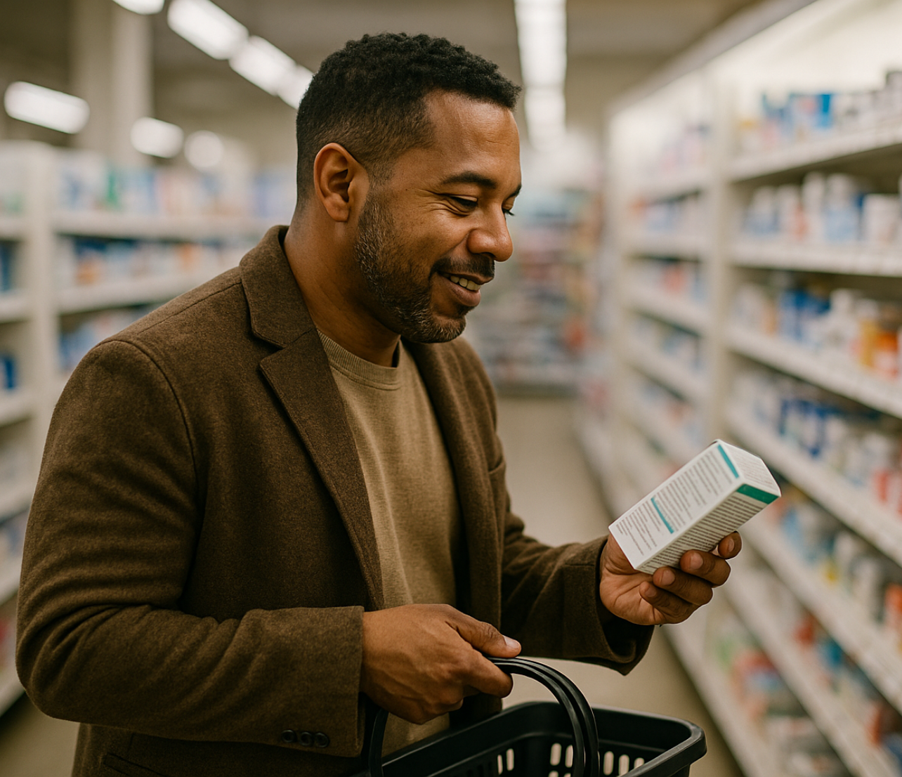 Man shopping in a store aisle while reading product details and holding a basket.
