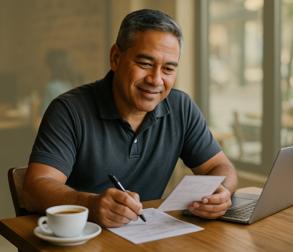 Man seated at a table with papers