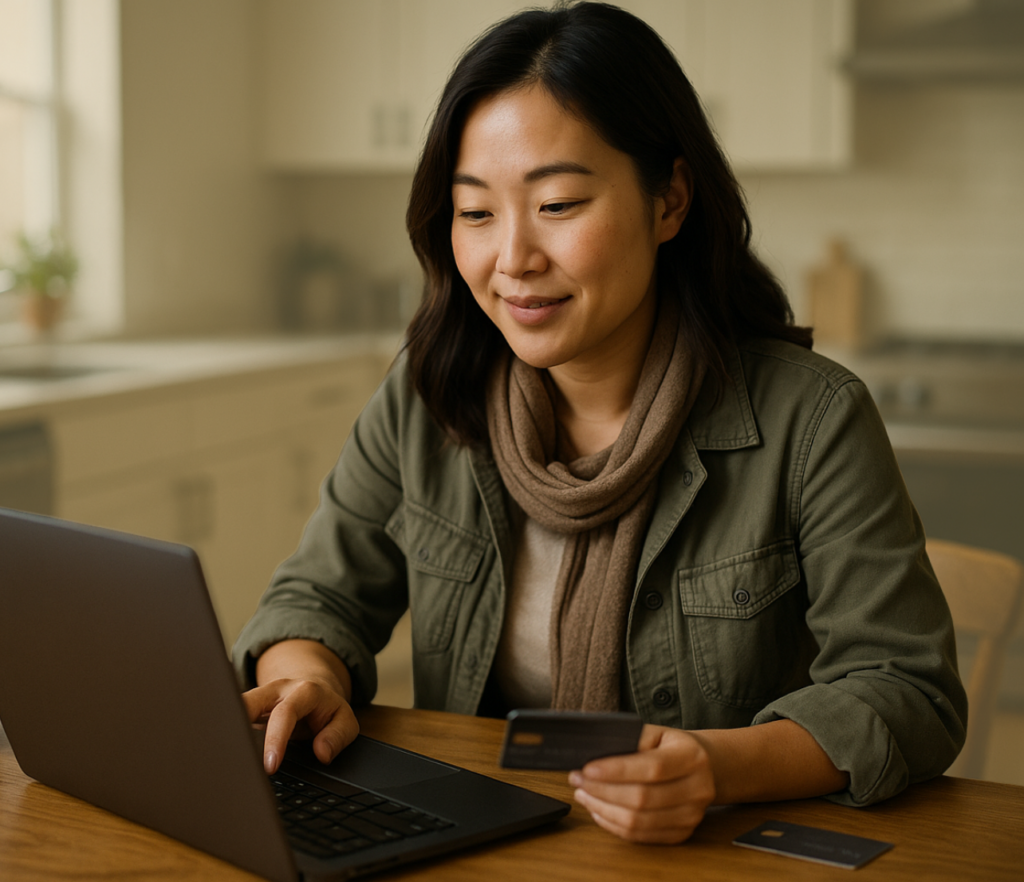 Woman at a table using a laptop while holding a payment card in a home setting.