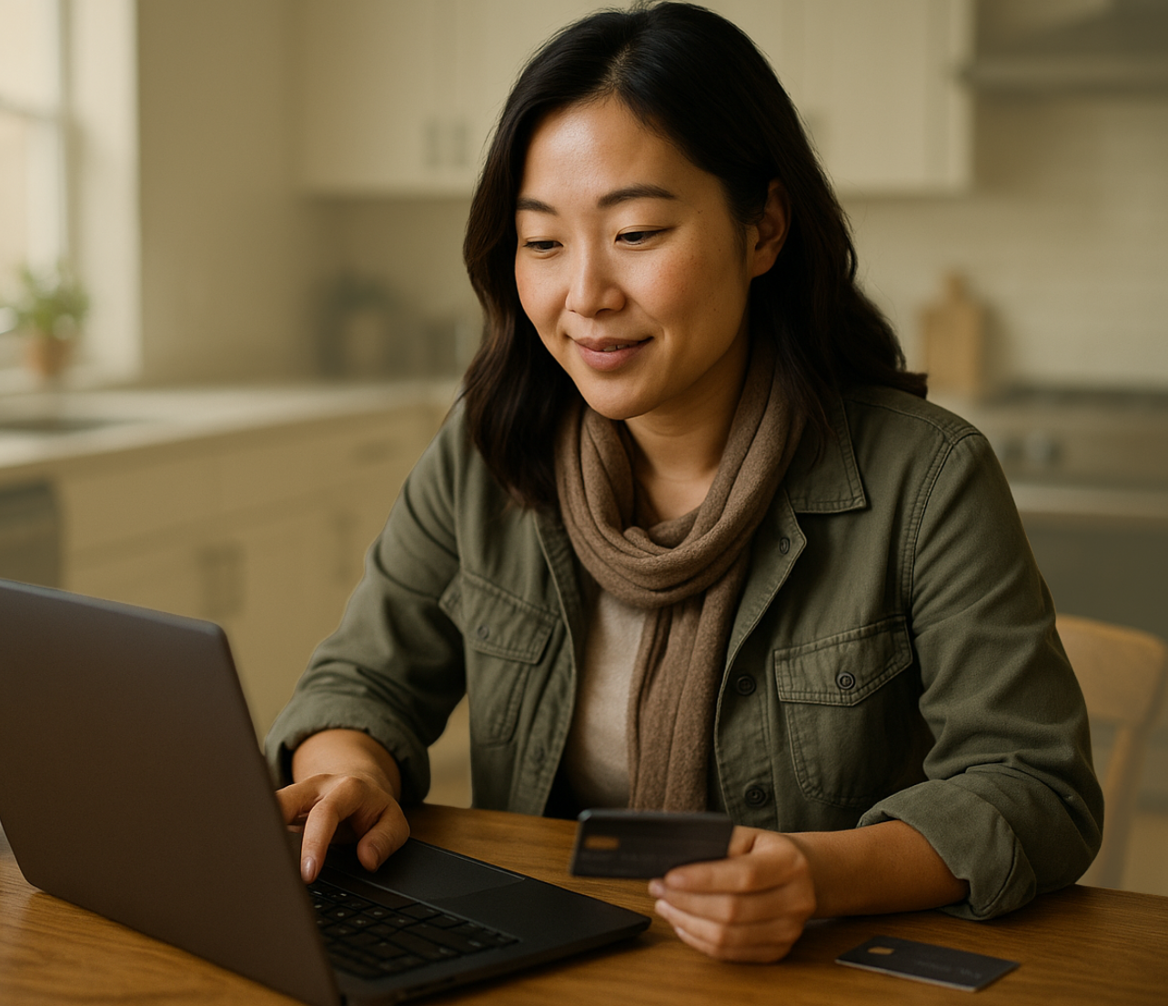 Woman at a table using a laptop while holding a payment card in a home setting.
