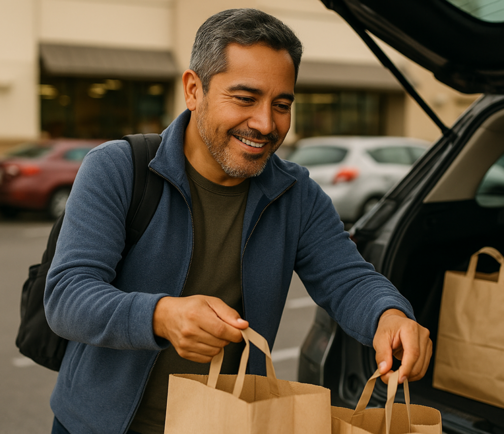 Man unloading shopping bags from the back of a vehicle in a parking lot.