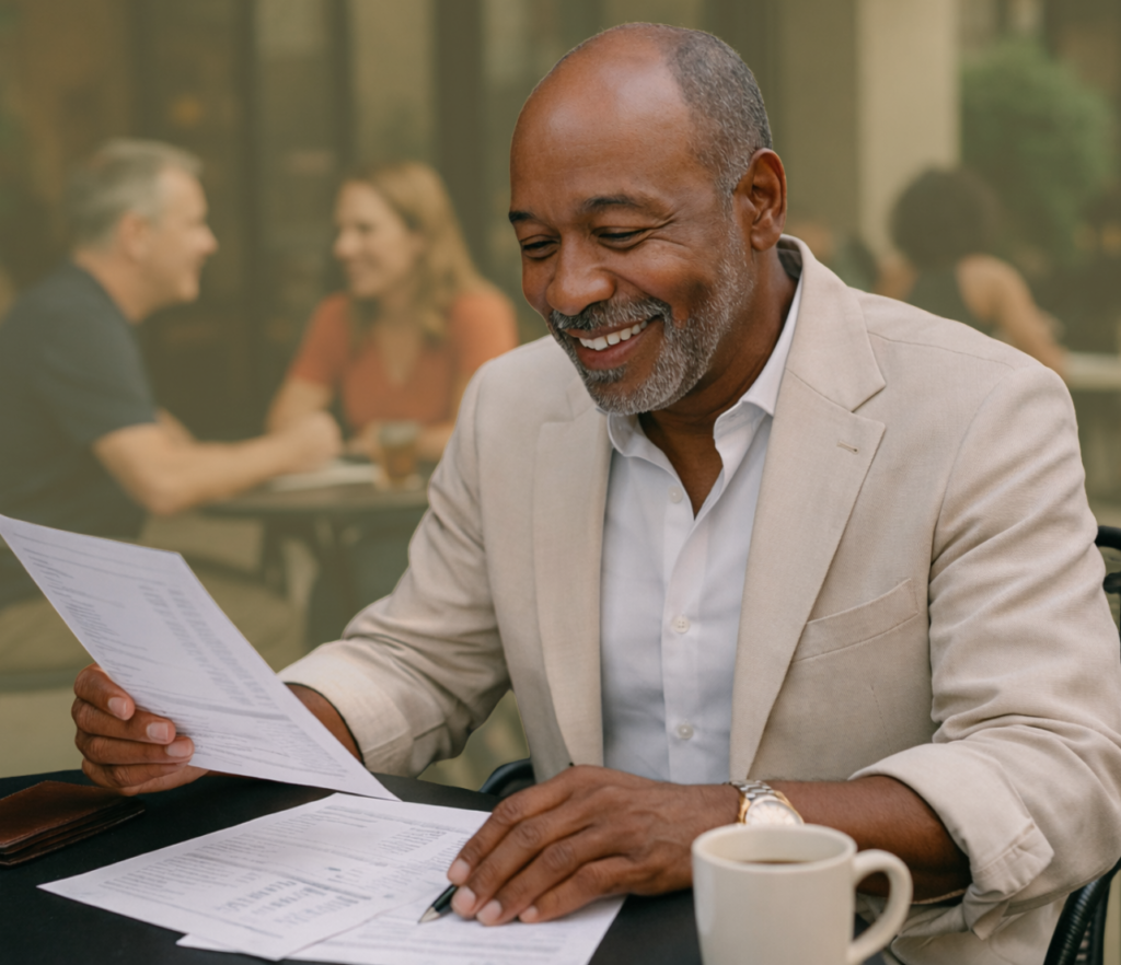 Man seated at a table reviewing papers and account documents with a coffee cup nearby.