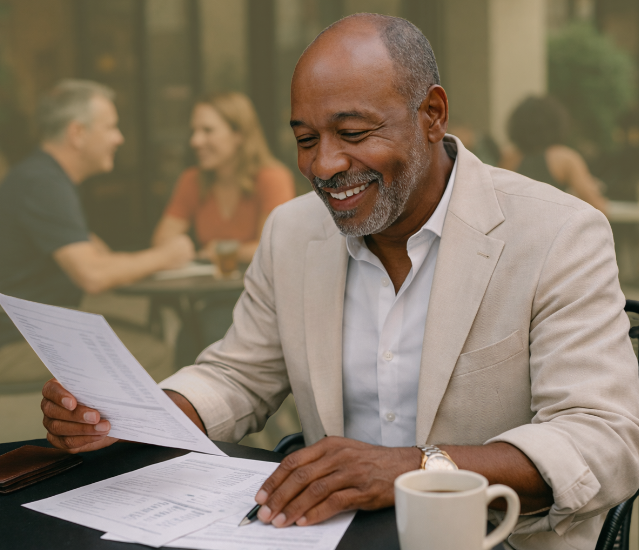 Man seated at a table reviewing papers and account documents with a coffee cup nearby.