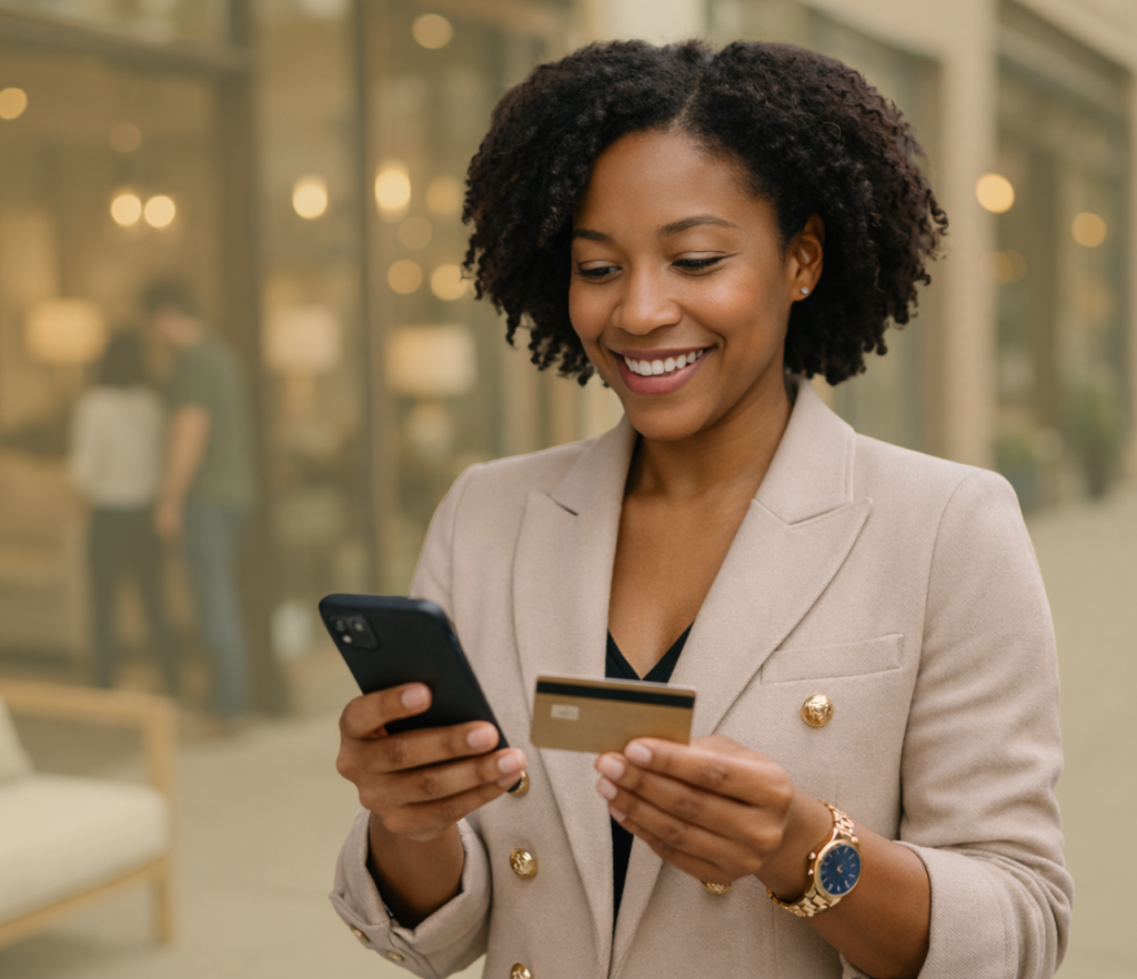 Smiling woman holding a payment card and phone while checking account information in a modern setting.