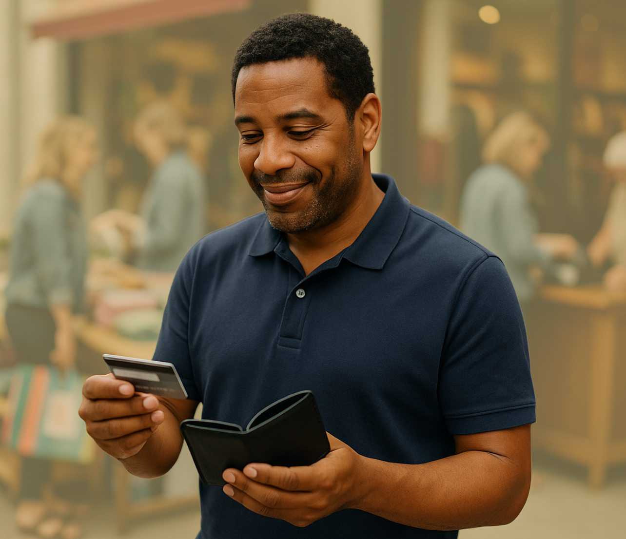 Man holding a payment card and wallet while standing in a shopping area.