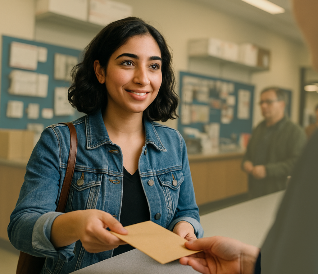 Young woman handing over a document at a service counter while speaking with a staff member.