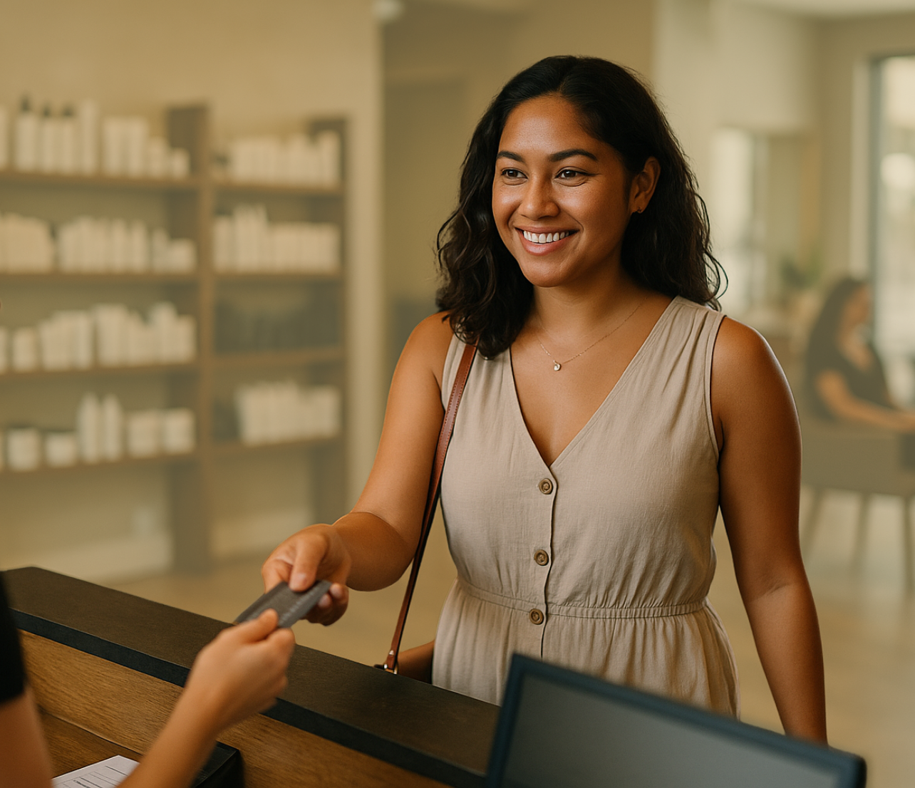 Young woman at a service counter handing over a card while speaking with a staff member.