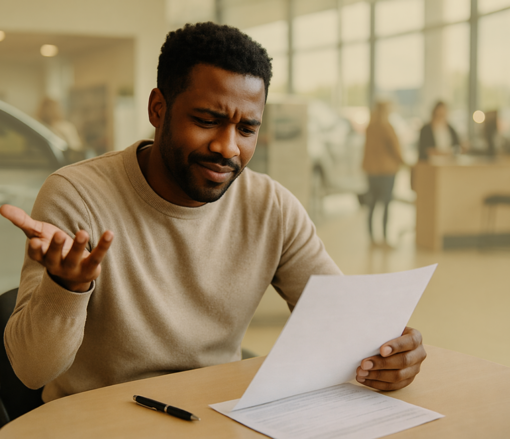 Man seated at a table looking confused while reviewing a document in a bright office setting.