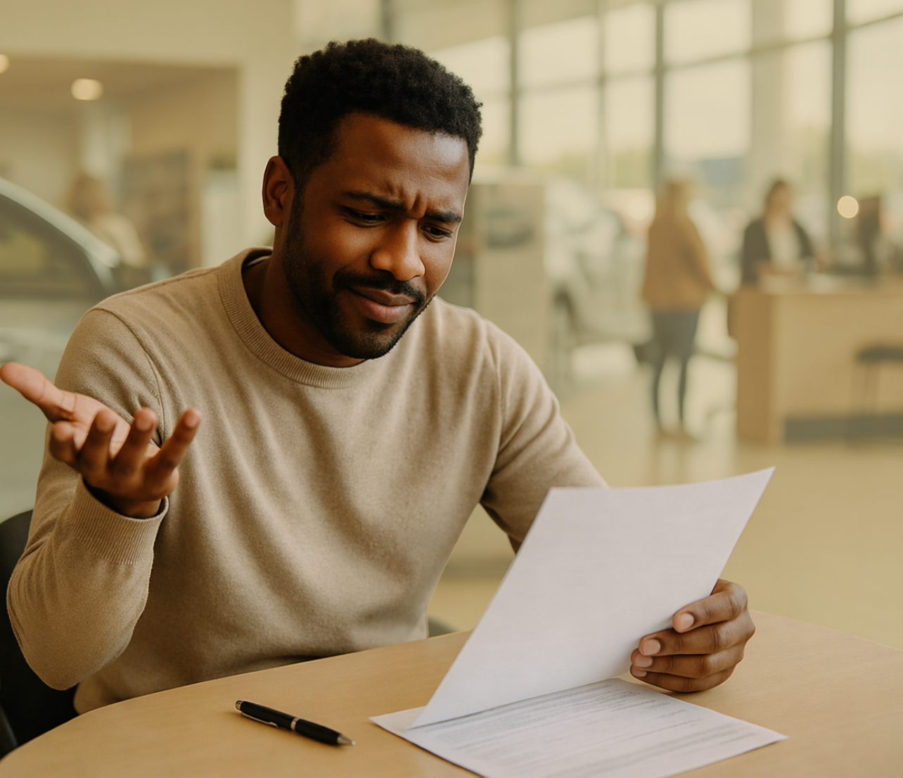 Man seated at a table looking confused while reviewing a document in a bright office setting.