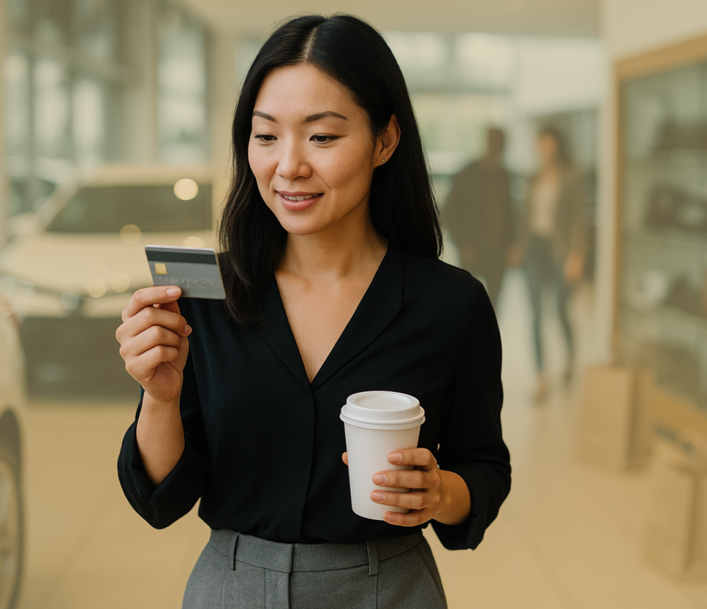 Professional woman holding a payment card and coffee while standing in a showroom.