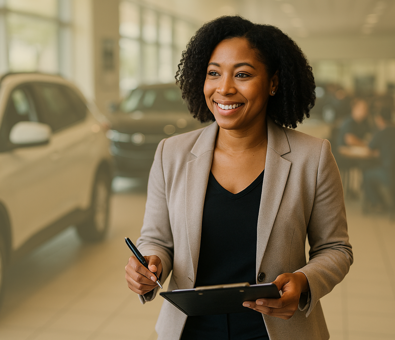 Professional woman holding a clipboard and pen in a showroom while preparing to review information.