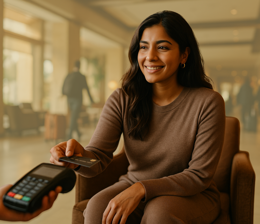 Seated woman making a card payment in a lounge while interacting with a payment terminal.