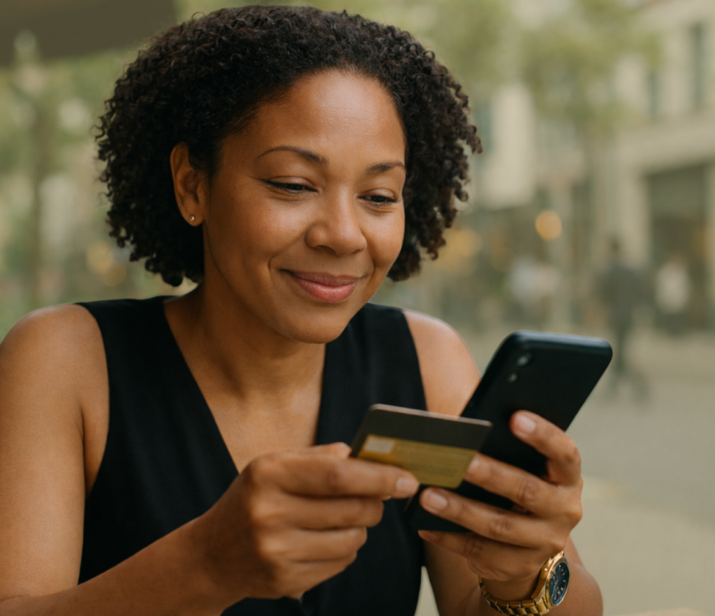 Woman holding a payment card and phone while checking a purchase in a city setting.