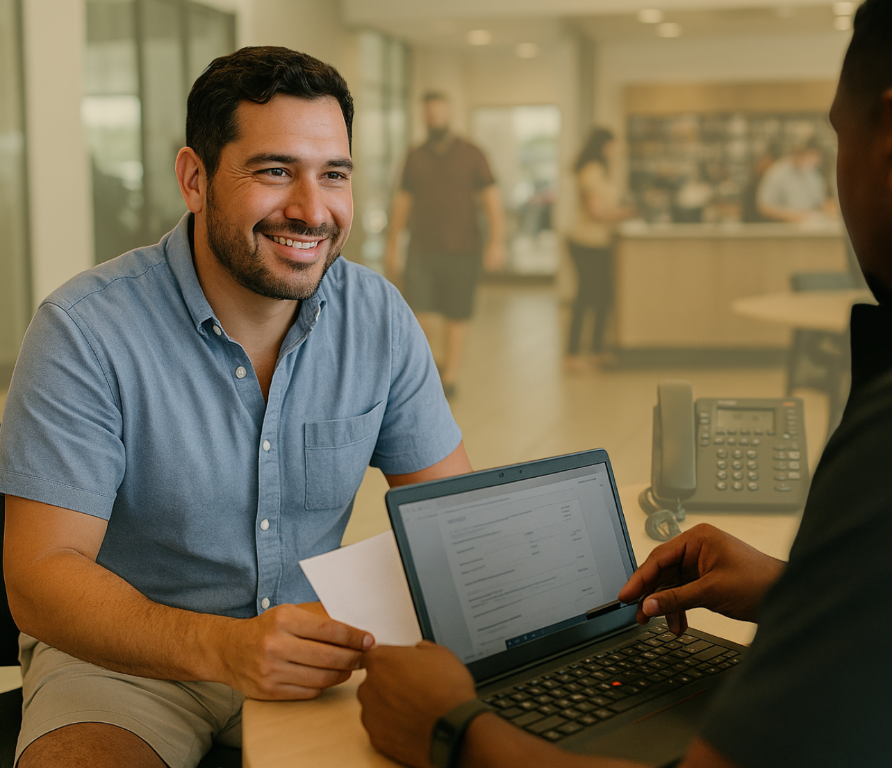 Man seated at a desk handing over a document during a financial review meeting.
