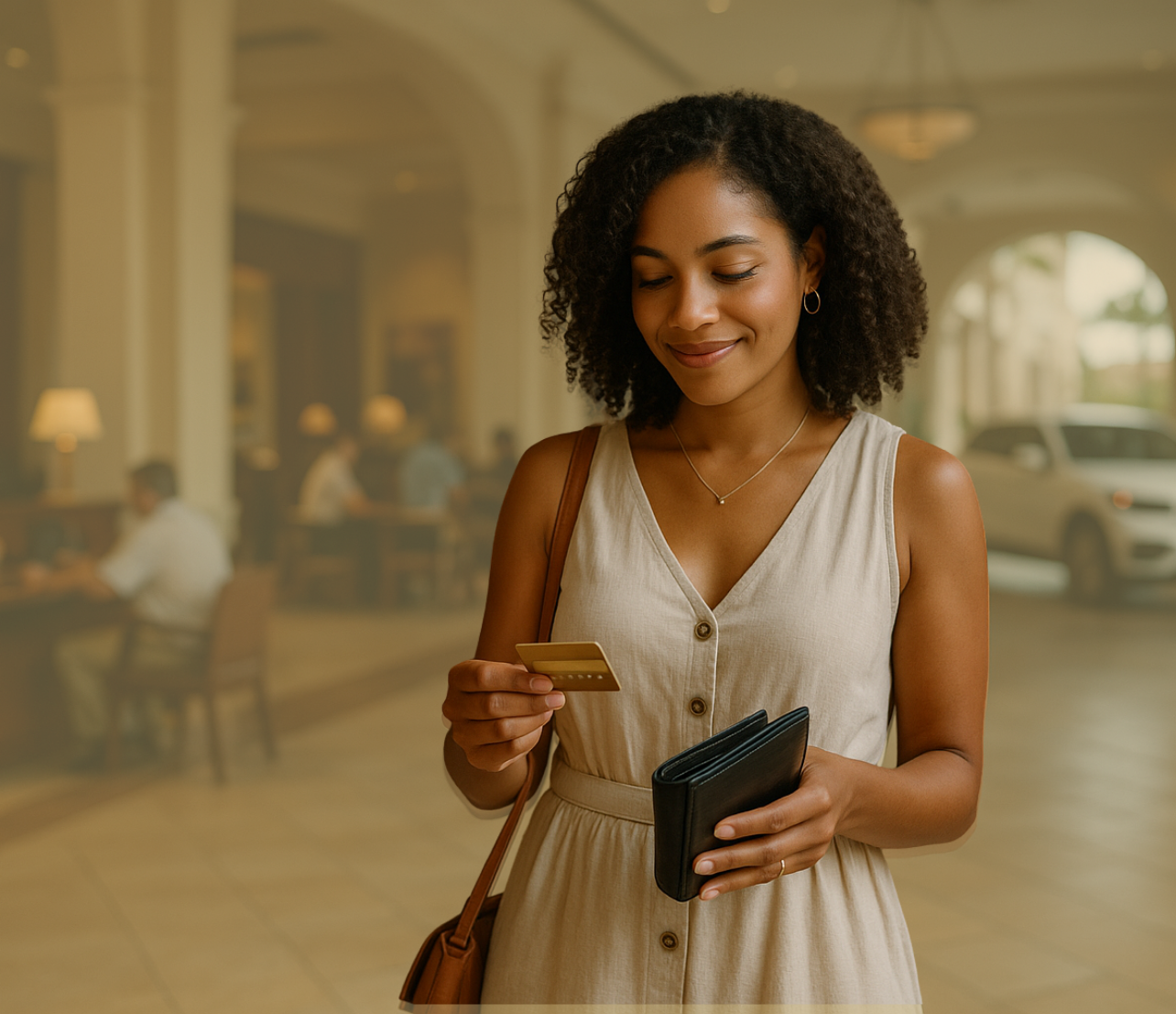 Woman looking at a payment card while holding a wallet in a hotel-style lobby.