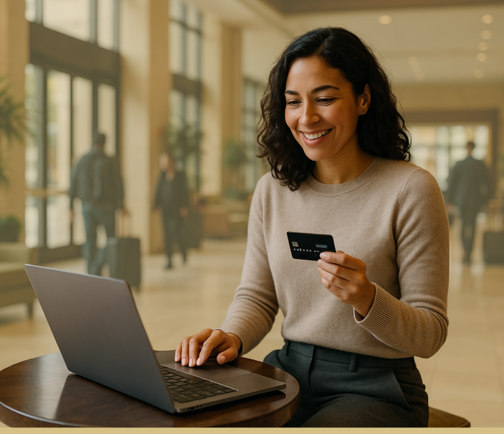 Woman seated at a table using a laptop while holding a payment card in a lobby setting.