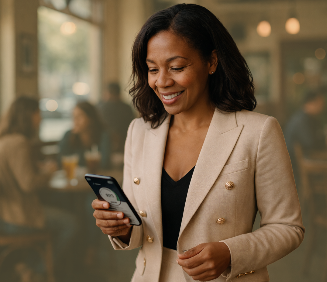 Professional woman looking at a payment card and phone while standing indoors with a coffee cup in hand.