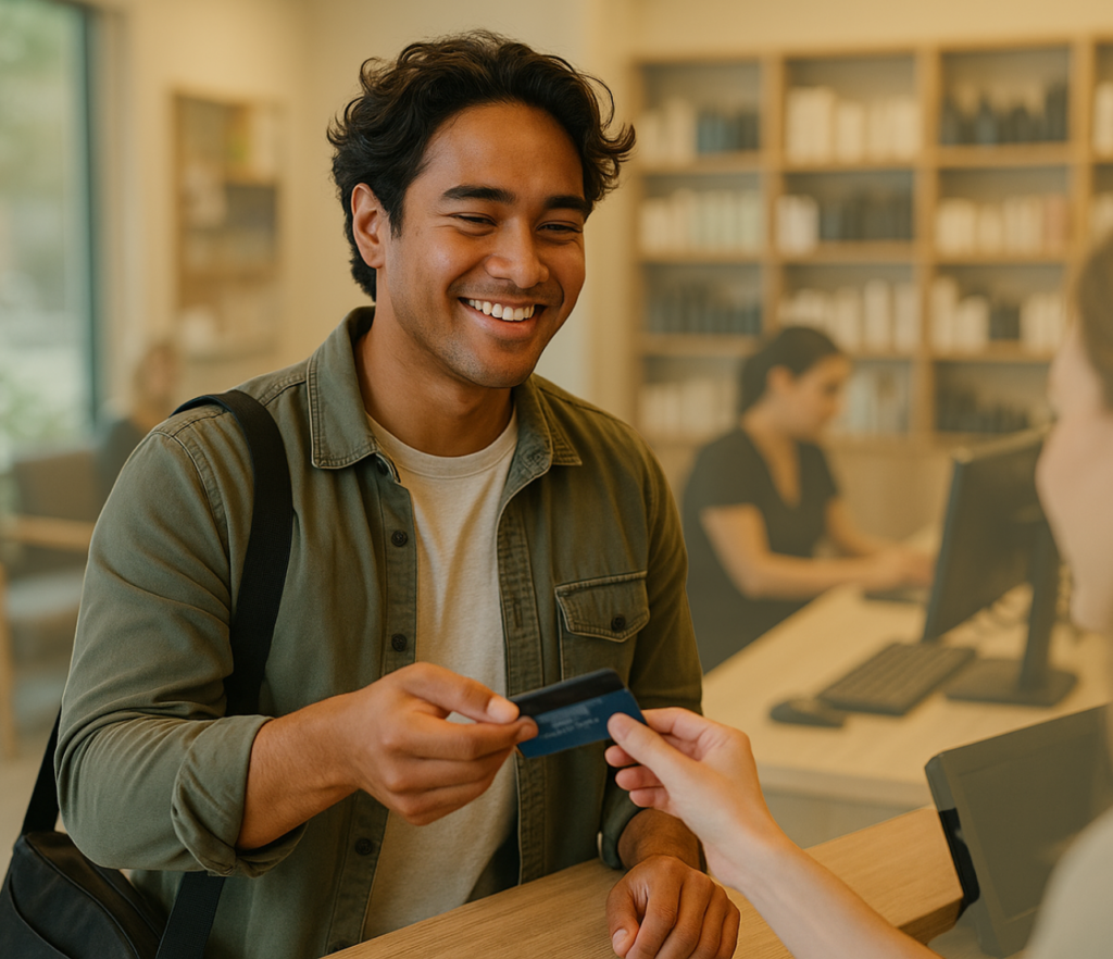 Customer handing over a payment card at a service counter while speaking with staff.