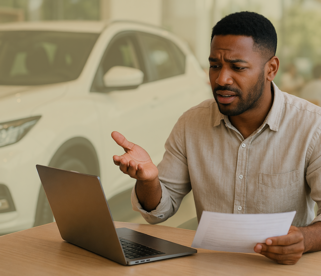 Man seated at a table looking concerned while reviewing a document beside an open laptop.