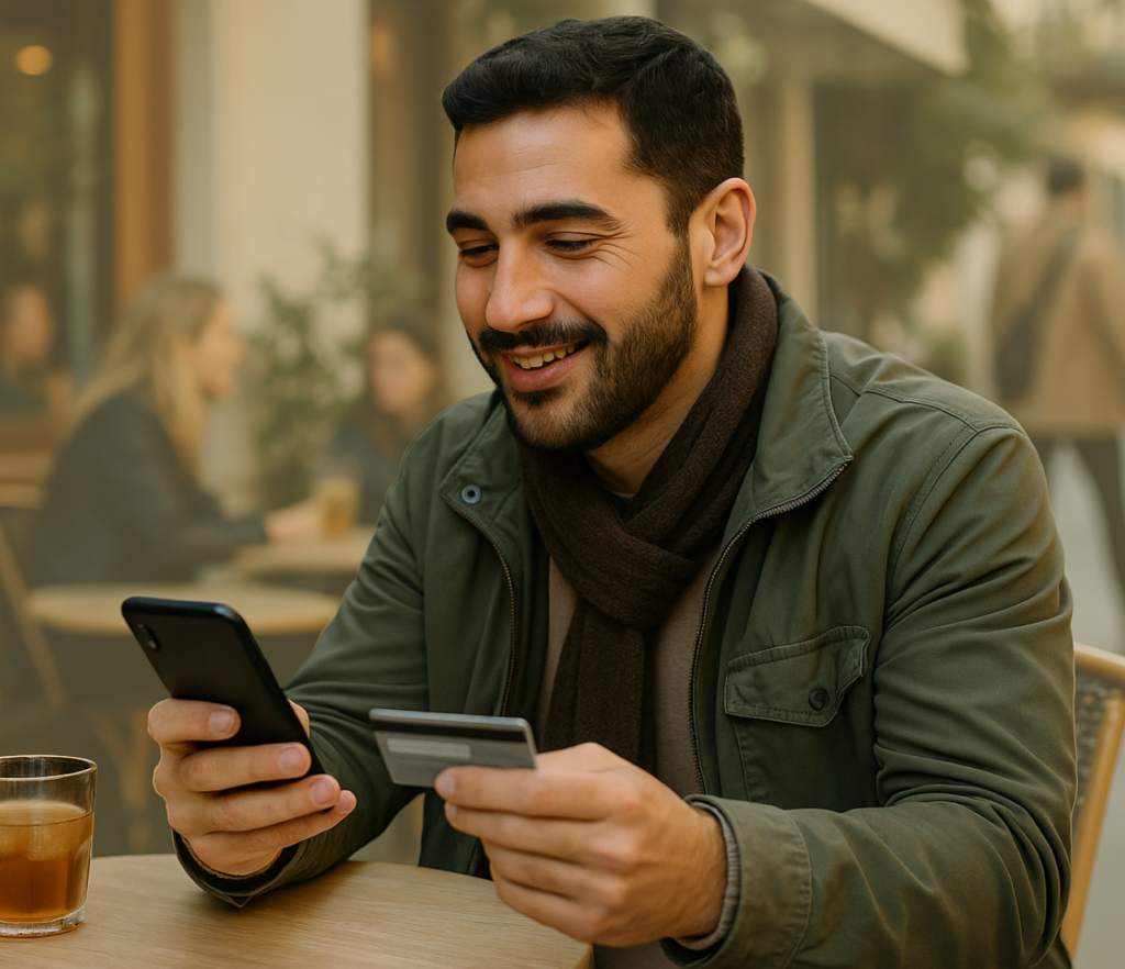 Man seated at a café table looking at a phone while holding a payment card.