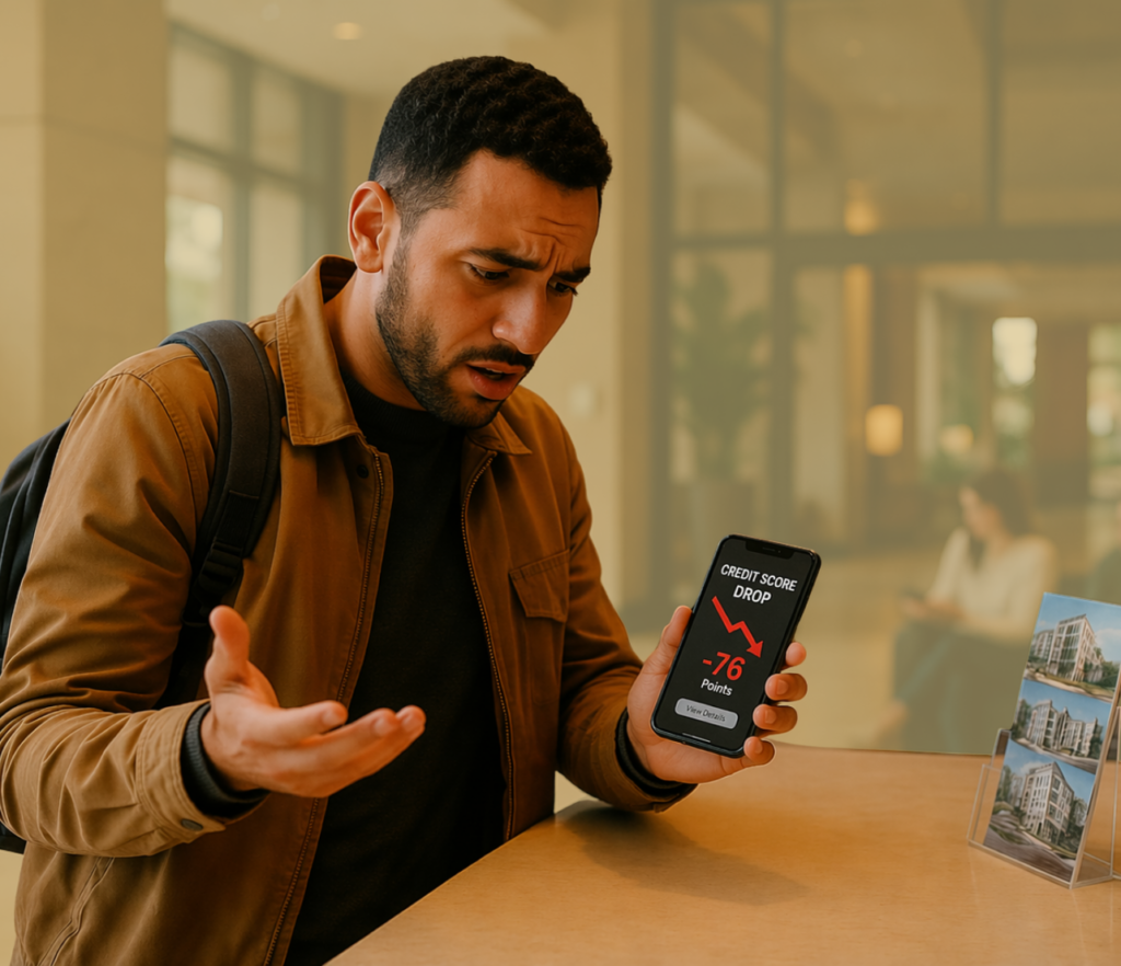 Concerned man holding a phone that shows a score drop alert while seated at a desk.
