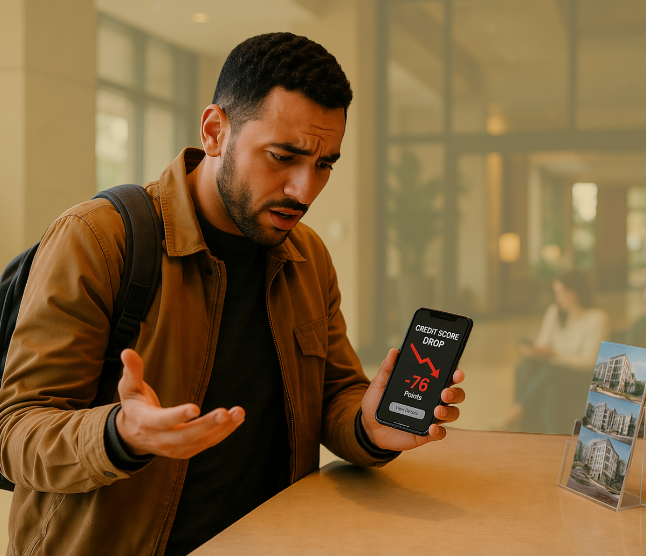 Concerned man holding a phone that shows a score drop alert while seated at a desk.