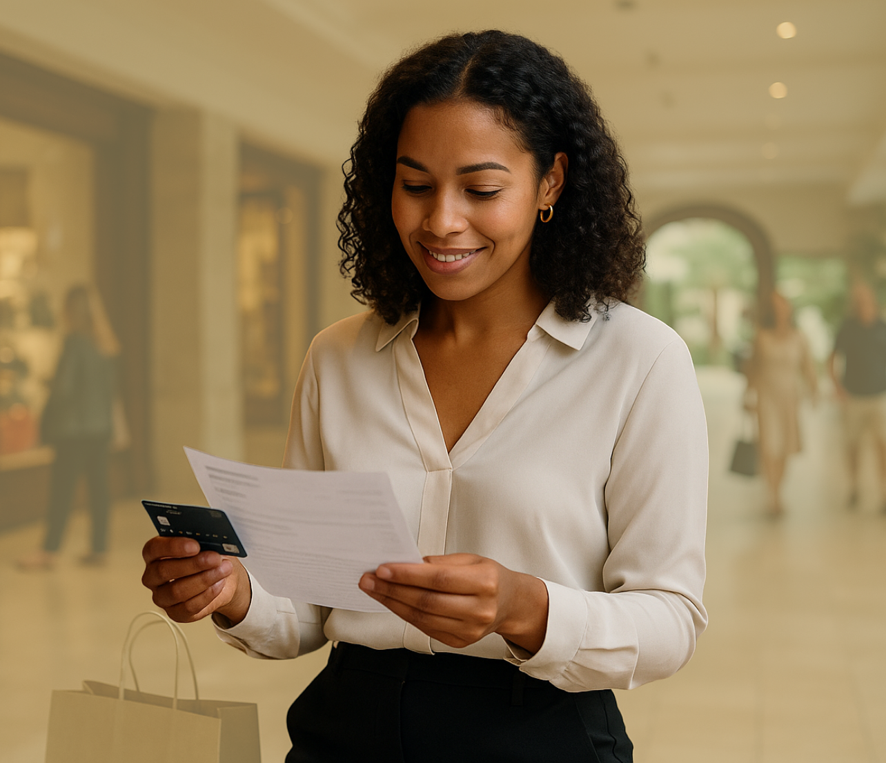 Woman holding a credit card and bill while reviewing account information indoors.