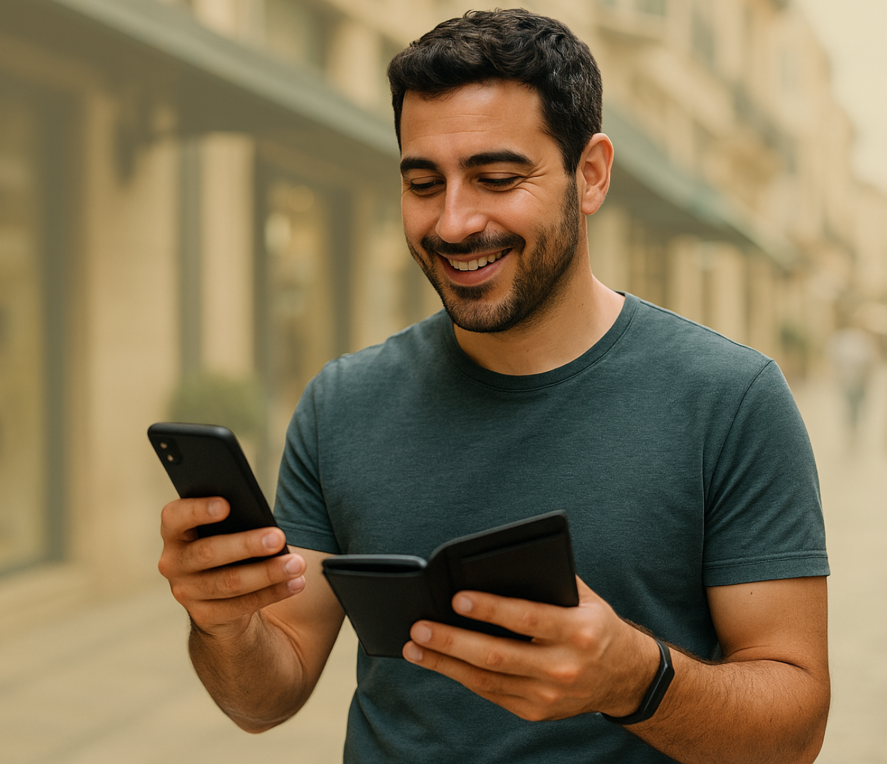 Man looking at a phone while holding a wallet and smiling in a city setting.