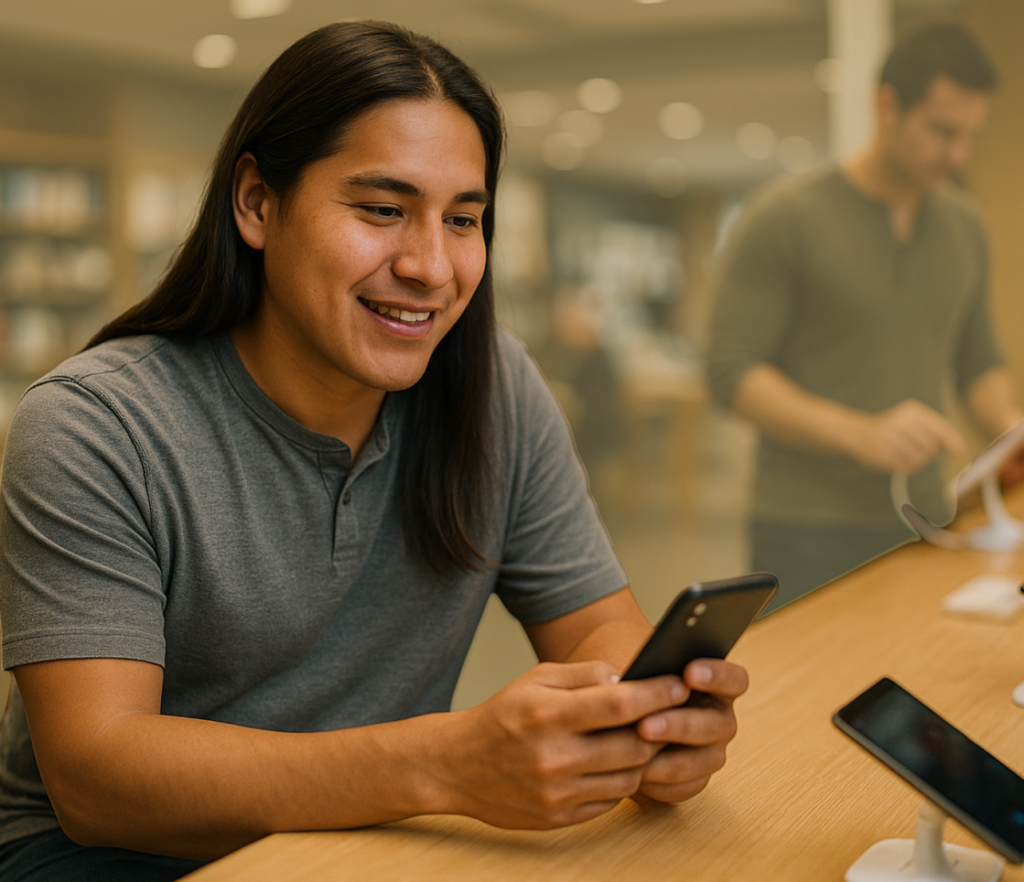 Man seated at a table looking at his phone in a retail setting.