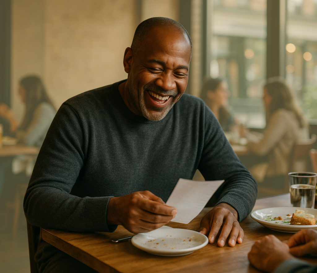 Man laughing at a table while holding a receipt in a café setting.