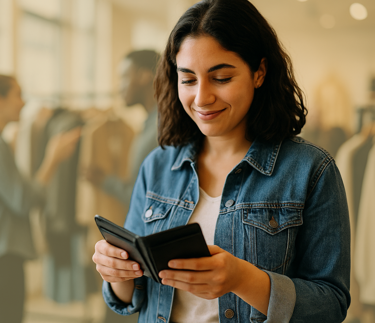 Woman looking at her wallet in a retail store while checking account access.