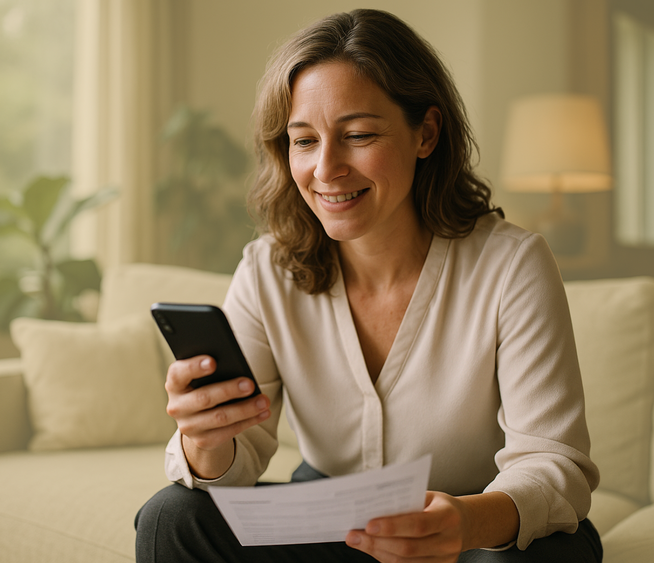 Woman seated at home holding a phone and paper while reviewing account details.