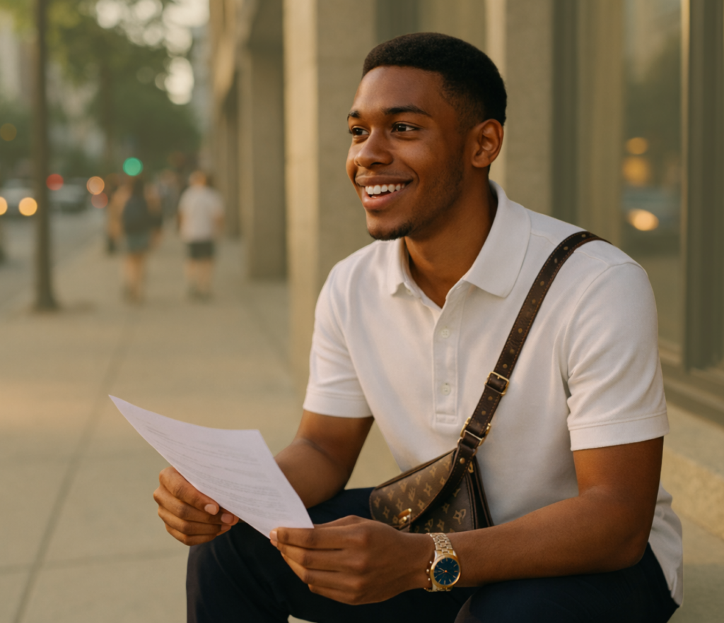 Young man seated outdoors holding a paper while reviewing account information.