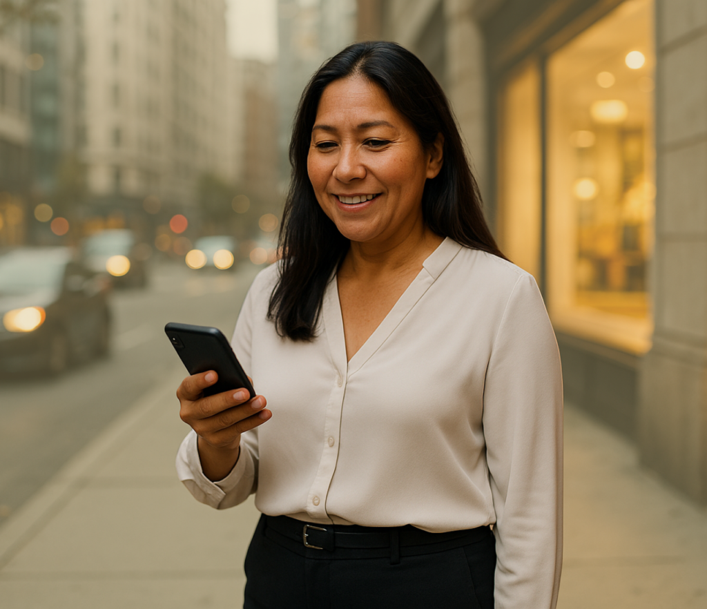 Professional woman standing outdoors while checking her phone.