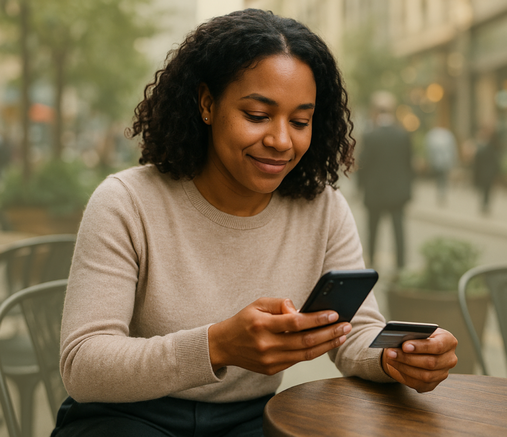 Woman seated at an outdoor table looking at her phone while holding a payment card.