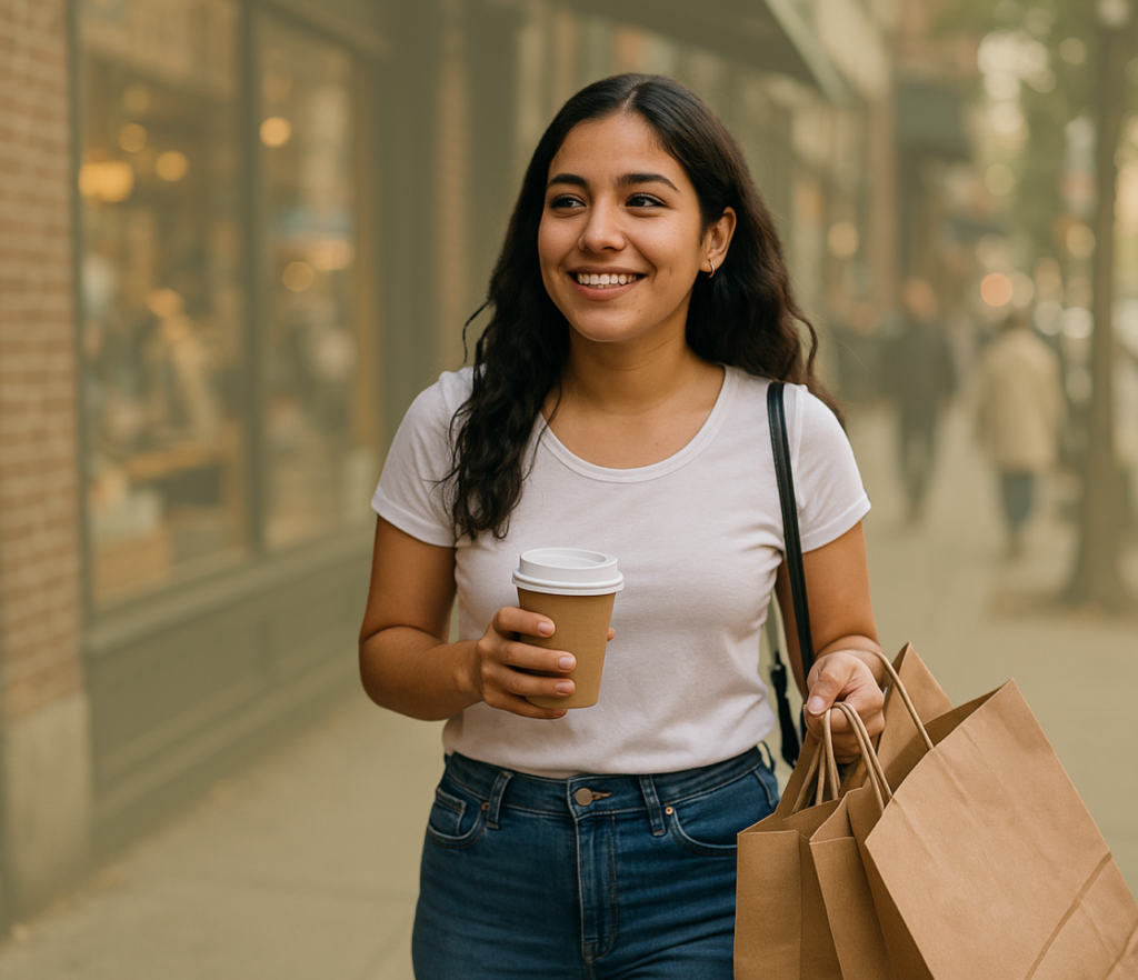 Young woman carrying shopping bags and coffee while walking in a city setting.