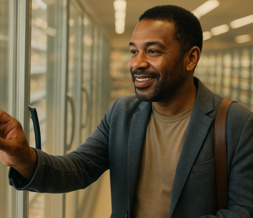Man in a store holding a phone while checking account information.
