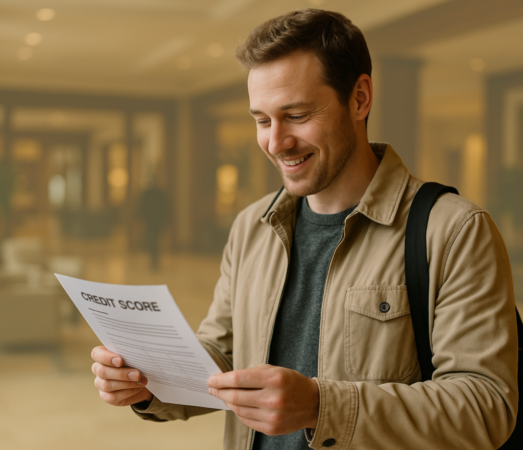 Man holding a paper labeled credit score while reviewing information indoors.