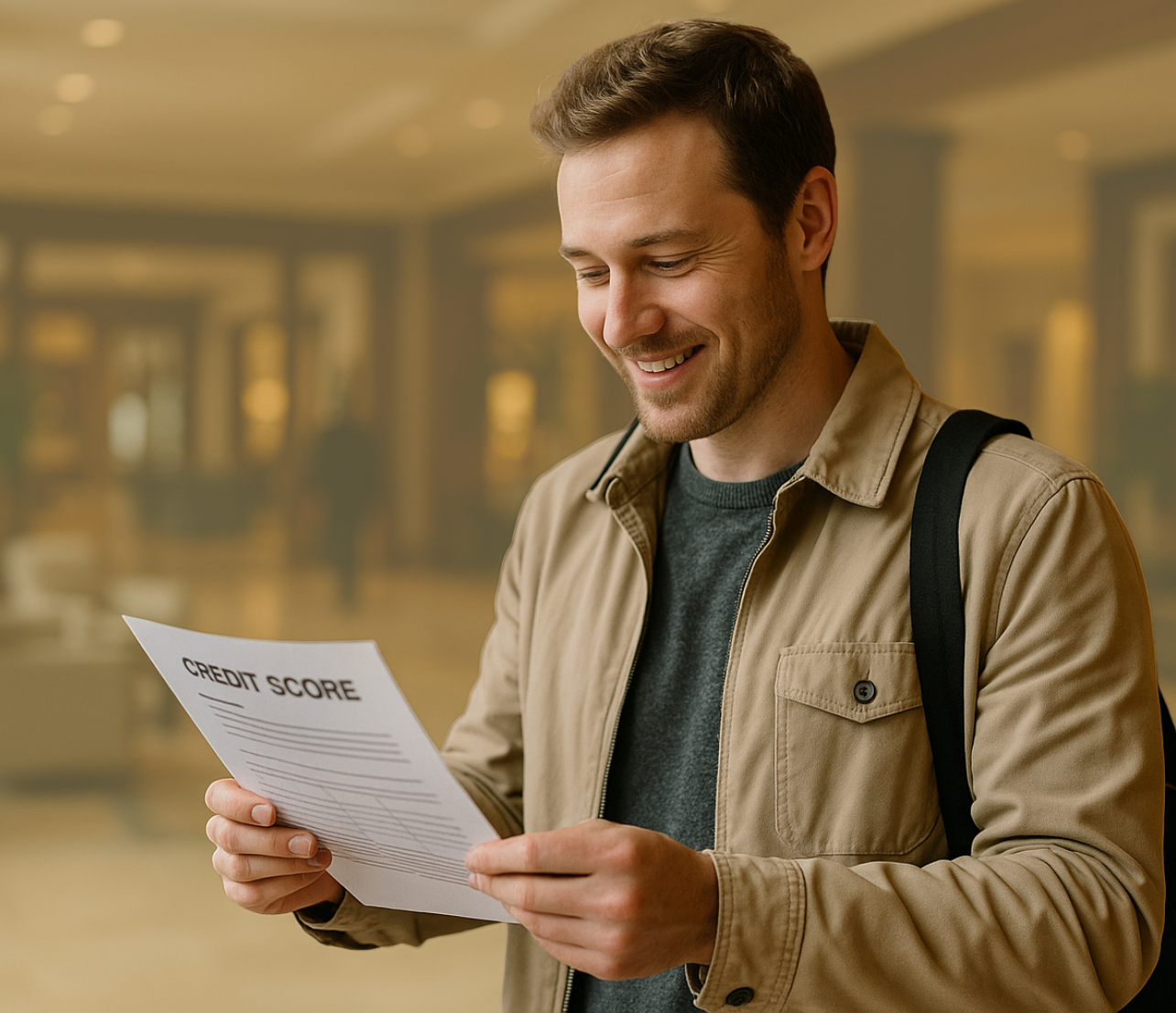 Man holding a paper labeled credit score while reviewing information indoors.