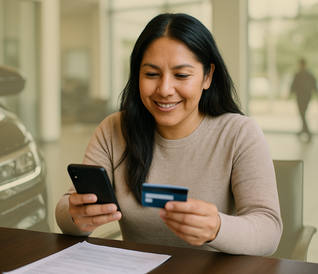 Woman using a phone while holding a payment card at an outdoor table.