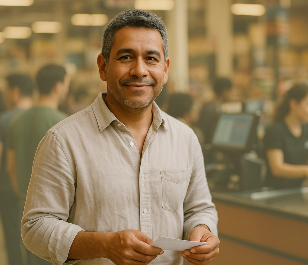Man standing in a store holding a receipt while looking toward the checkout area.