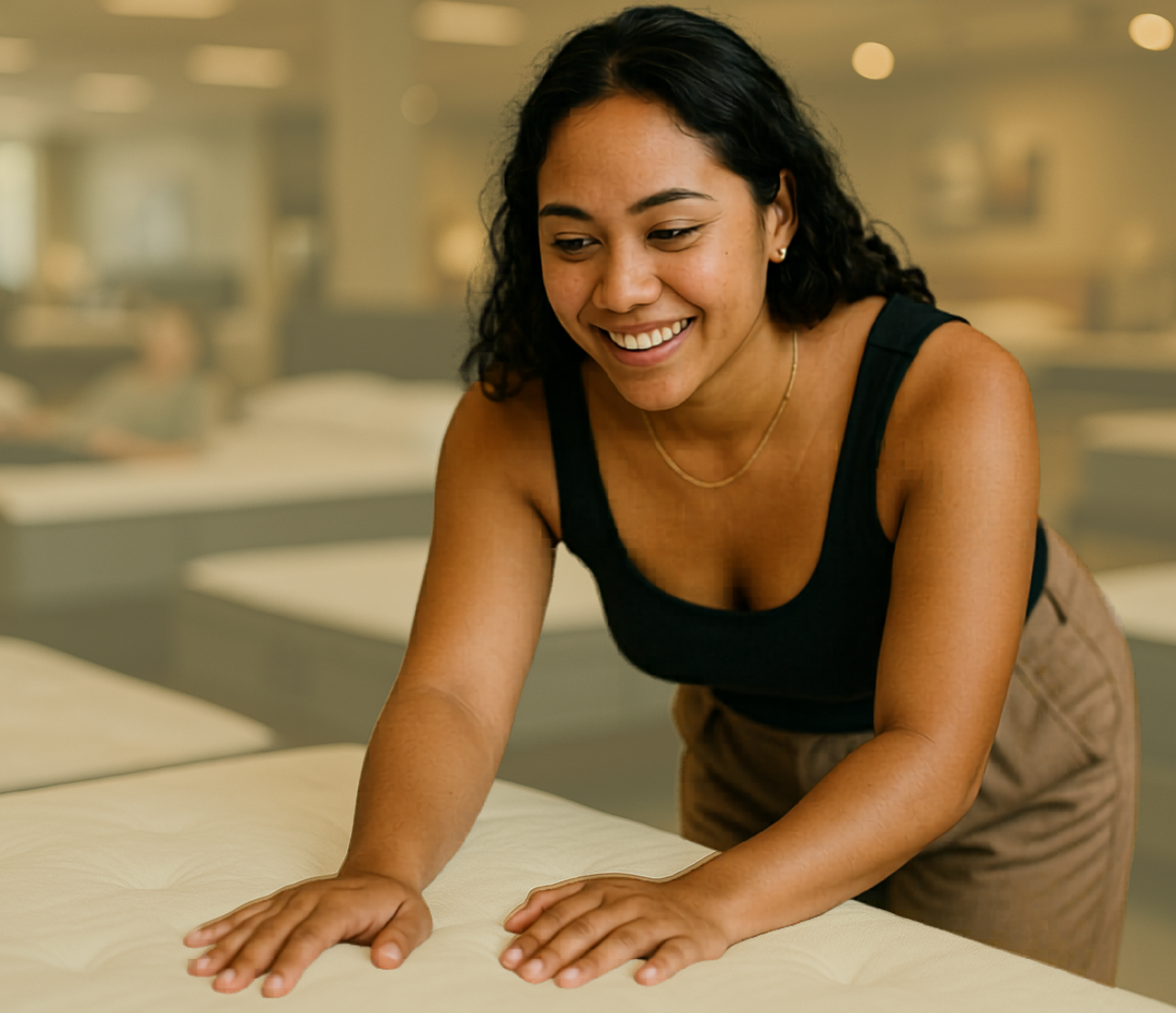 Man smiling while holding a paper labeled credit score in a lobby setting.