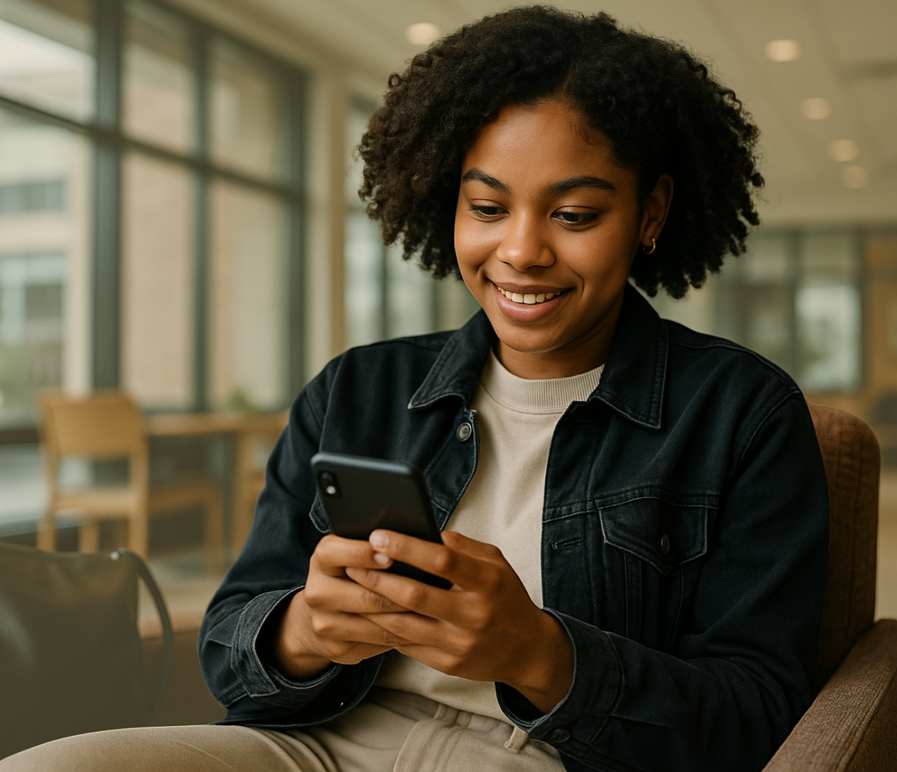 Woman seated at a table using a phone while holding a payment card.