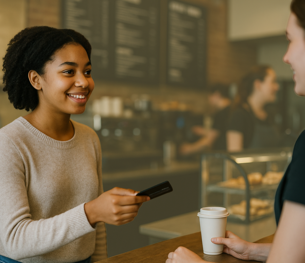 Young woman paying with a card at a café counter while speaking with a cashier.