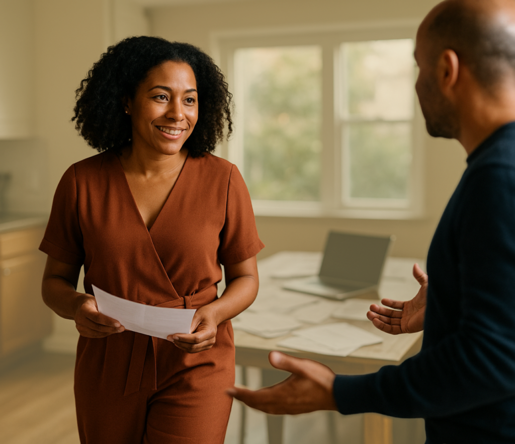 Woman standing indoors holding a paper while speaking with another person.