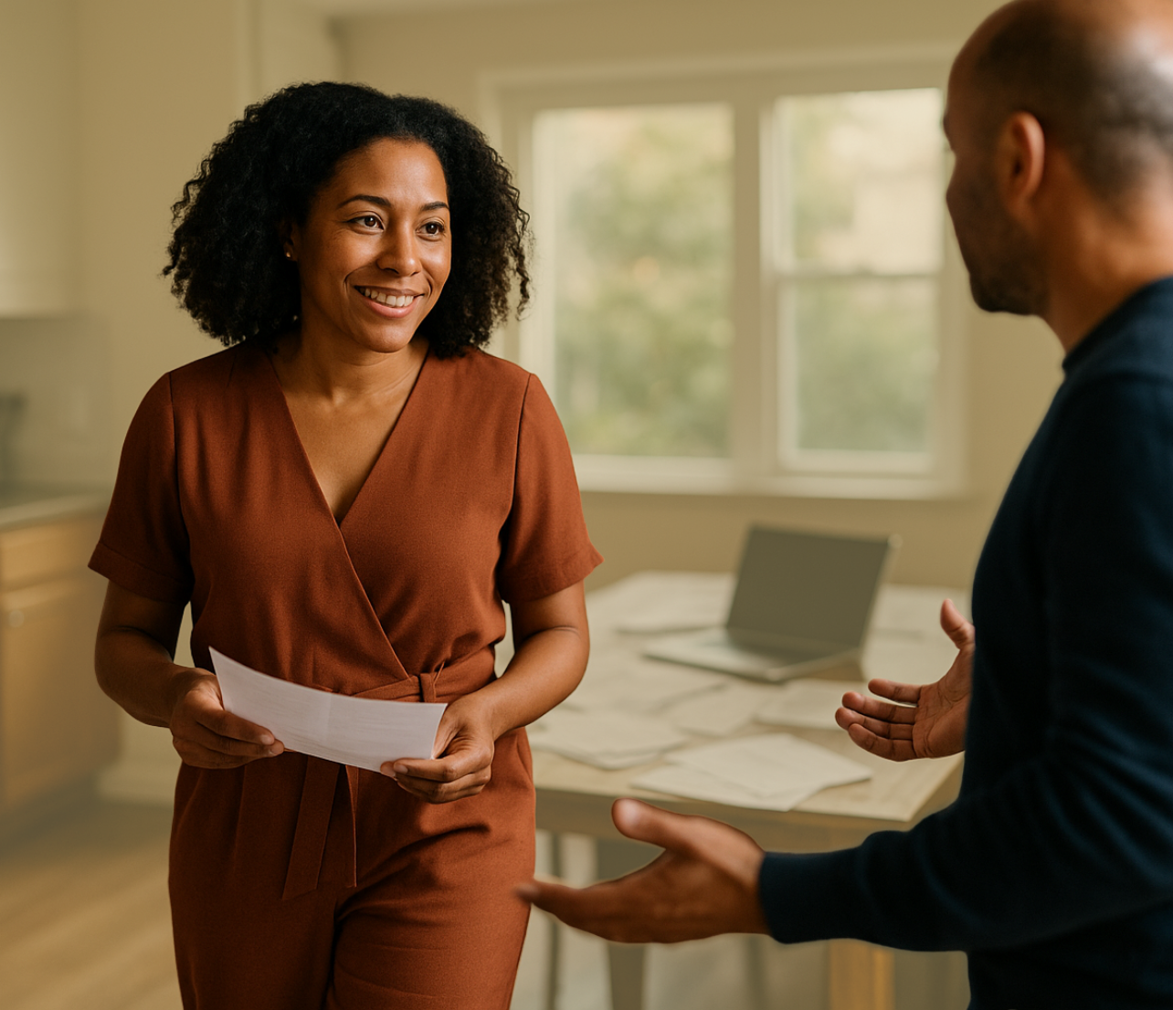 Woman standing indoors holding a paper while speaking with another person.