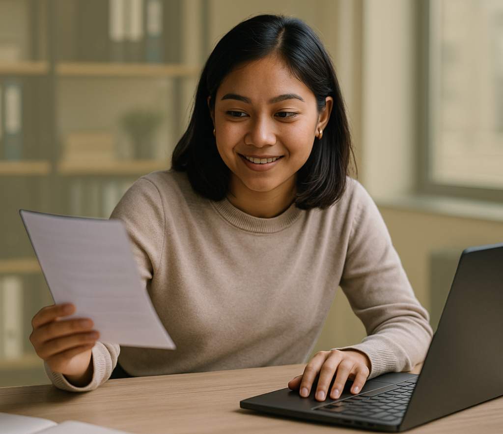 Woman seated at a desk looking at a document beside an open laptop.