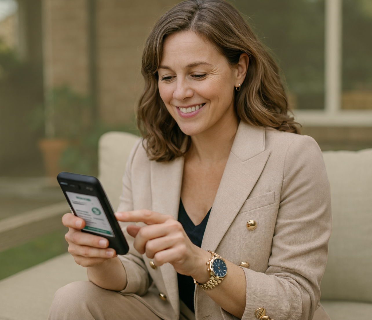 Woman checking a score-related app on her phone while seated outdoors.