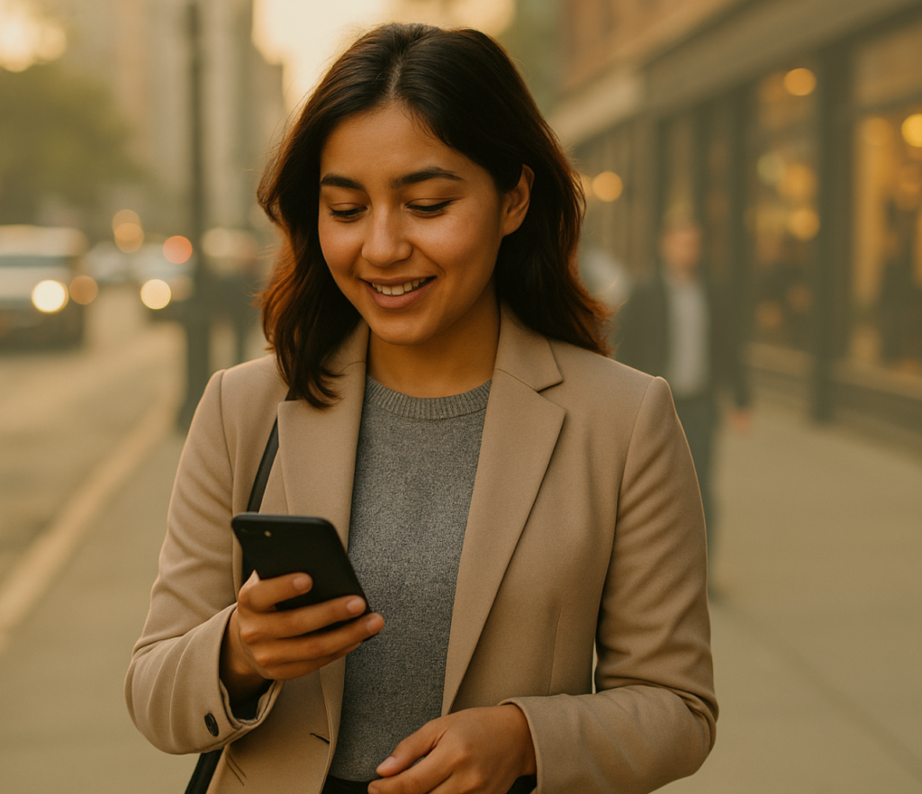 Professional woman looking at her phone while walking in a city setting.